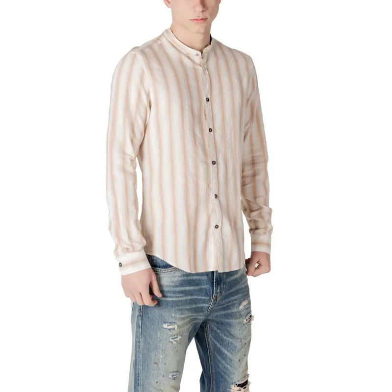 Gianni Lupo men’s beige and cream vertical striped long-sleeved button shirt with mandarin collar