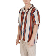Gianni Lupo mens beige striped linen short-sleeved shirt with vertical cream rust red and navy blue stripes and square neckline