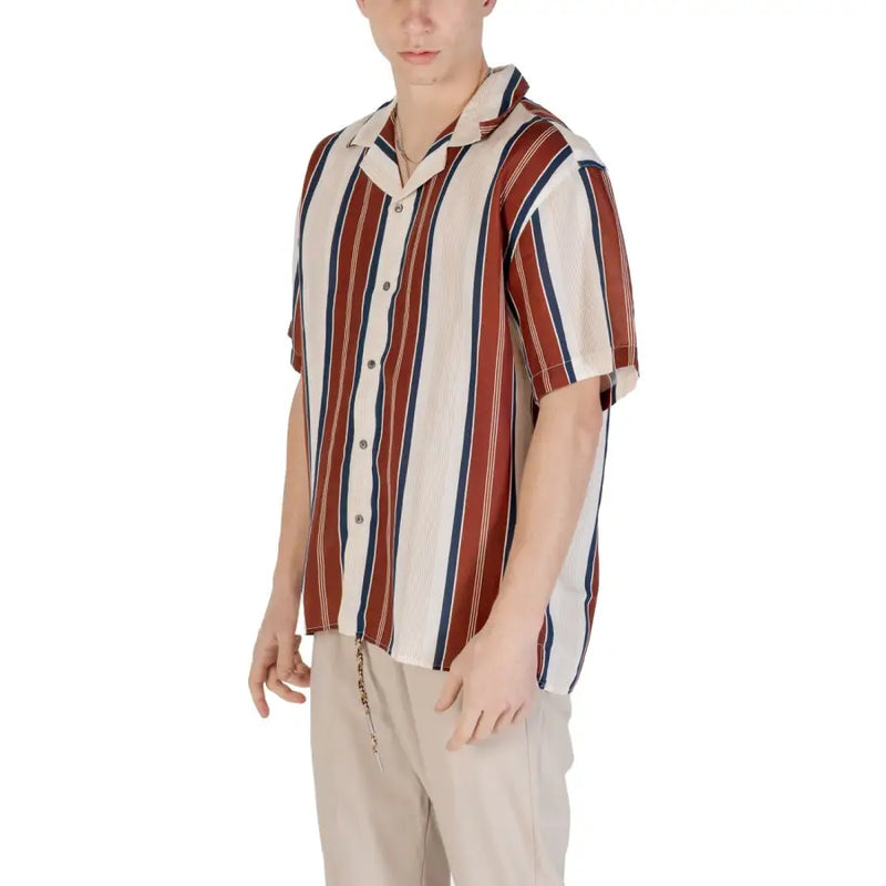 Gianni Lupo mens beige striped linen short-sleeved shirt with vertical cream rust red and navy blue stripes and square neckline