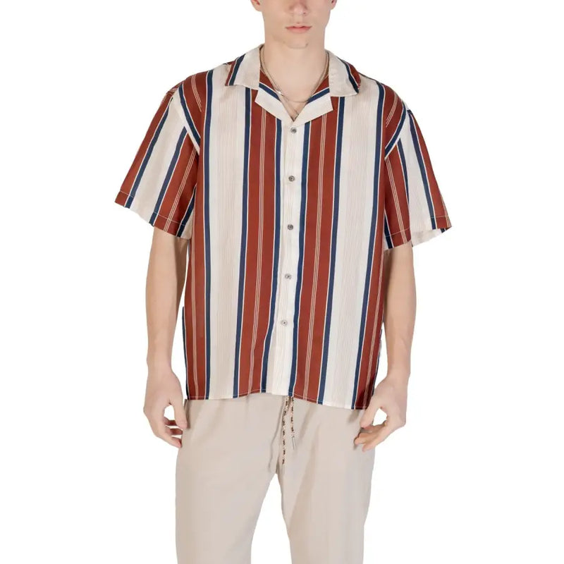 Gianni Lupo mens beige striped linen shirt with short sleeves square neckline in rust navy blue and cream vertical stripes