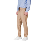 Gianni Lupo men’s beige pinstripe trousers with drawstring waist elastic cuffs and functional pockets