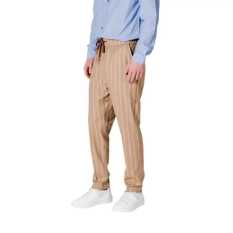 Gianni Lupo men’s beige pinstripe trousers with drawstring waist elastic cuffs and functional pockets
