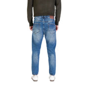 Blue denim jeans with distressed details and a straight fit.