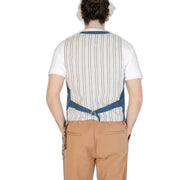 Gianni lupo men’s blue cotton sleeveless v-neck gilet in white and navy pinstripe with matching belt over short-sleeved shirt