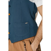 Gianni Lupo men’s blue cotton sleeveless v-neck gilet with navy textured fabric colorful buttons and front pocket