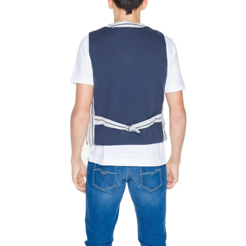 Navy blue sleeveless cotton vest by Gianni Lupo with white and gray striped trim at neckline waistband and seams