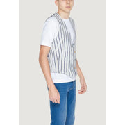 Gianni lupo men’s pinstripe cotton gilet in beige featuring a light blue and white striped linen vest with button closure