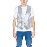 Gianni Lupo men’s pinstripe cotton gilet featuring white and navy blue vertical stripes with orange and black buttons