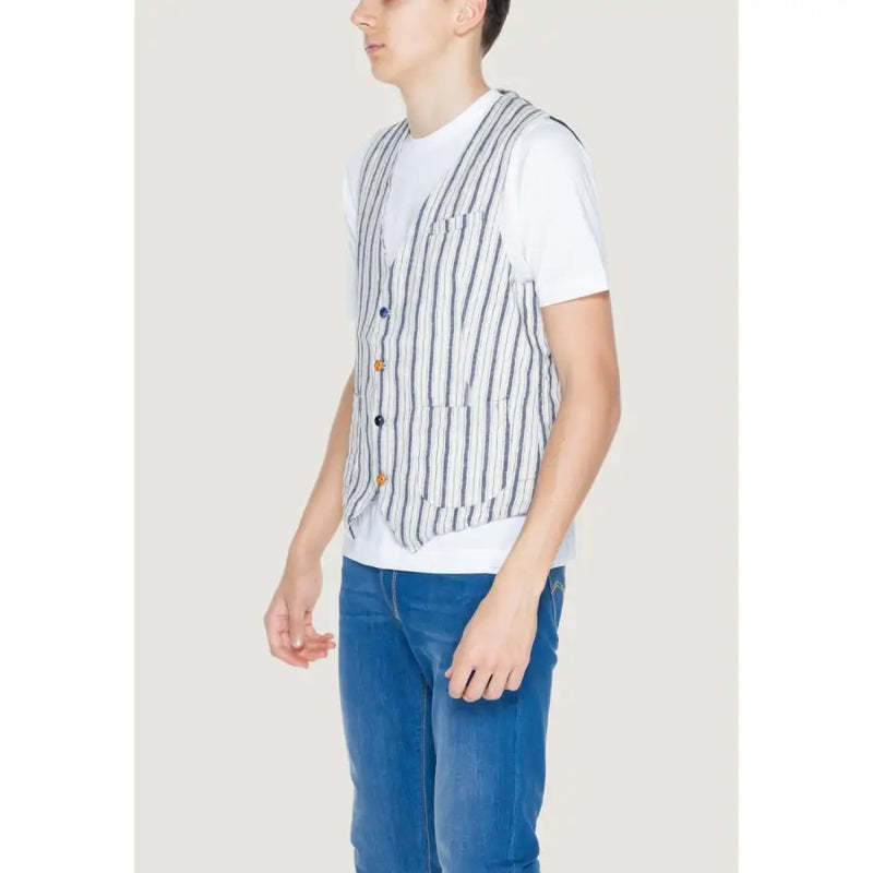 Gianni Lupo men’s pinstripe cotton gilet in beige featuring navy and white vertical stripes with orange buttons