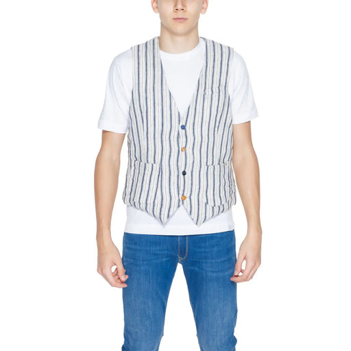 Gianni Lupo men’s pinstripe cotton gilet featuring white and navy blue vertical stripes with orange and black buttons