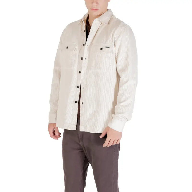 Men’s long-sleeve beige button-up shirt with chest pockets for Gianni Lupo blazer style