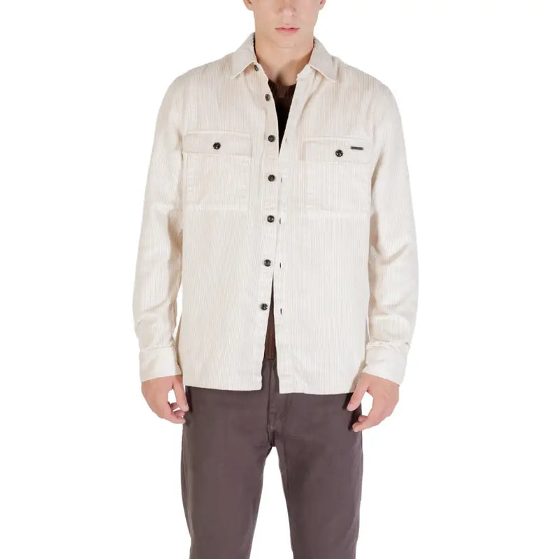 Men’s beige long-sleeve button-up collared shirt with chest pockets for Gianni Lupo blazer