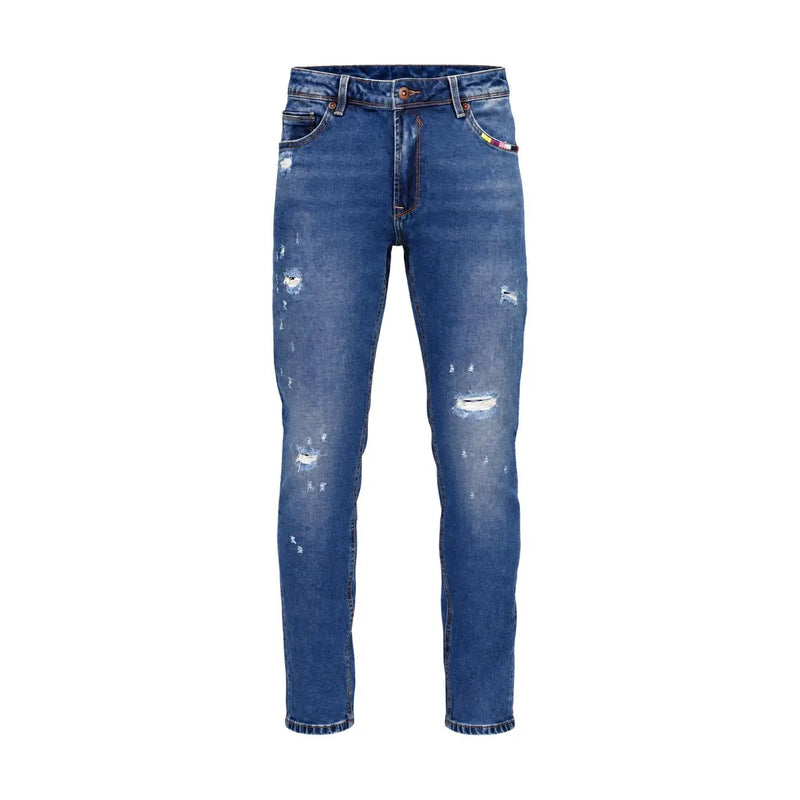 Gianni Lupo slim fit jeans BRUCE for men in blue denim with distressed ripped details, front view