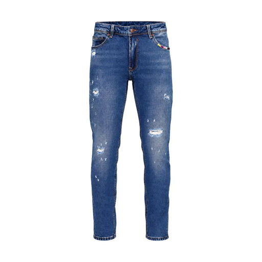 Gianni Lupo Schmal geschnittene Jeans BRUCE für Herren aus blauem Denim mit Used-Look-Details und Rissen, Vorderansicht
