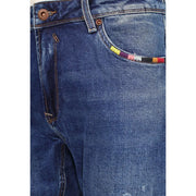 Gianni Lupo slim fit jeans Bruce for men in blue denim with colorful multi-striped embroidered trim front pocket detail view