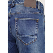 Gianni Lupo slim fit jeans Bruce for men in blue denim with brown leather patch and matching stitching, back view