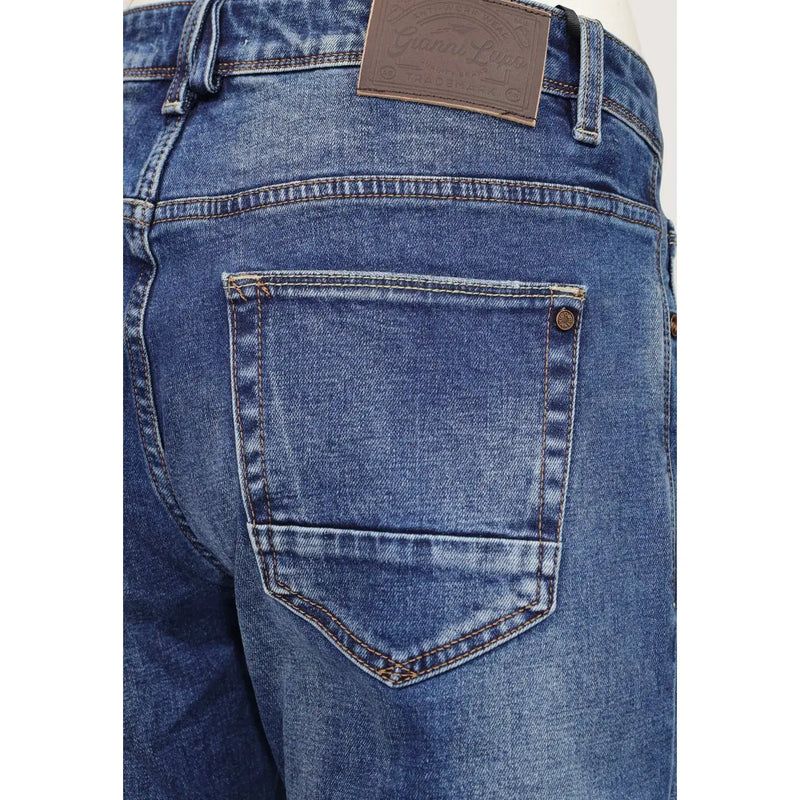 Gianni Lupo slim fit jeans Bruce for men in blue denim with brown leather patch and matching stitching, back view