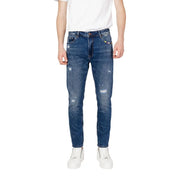 Gianni Lupo slim fit jeans BRUCE for men in blue denim with ripped details and colorful brand tag, back view