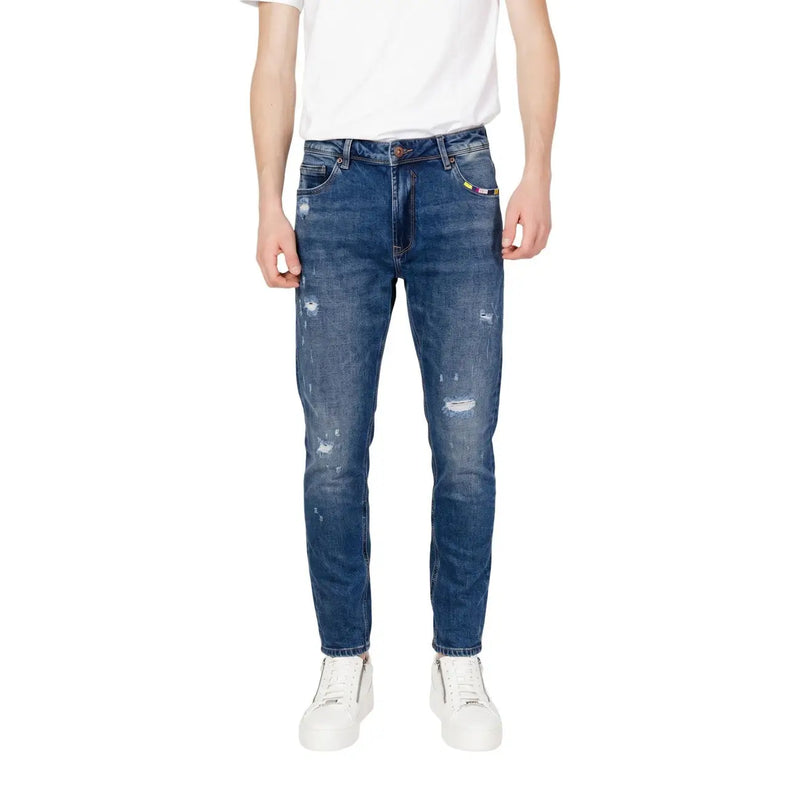 Gianni Lupo slim fit jeans BRUCE for men in blue denim with ripped details and colorful brand tag, back view