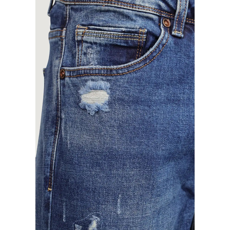 Gianni Lupo slim fit jeans Bruce for men in distressed blue denim with frayed tear and brown stitching, front view