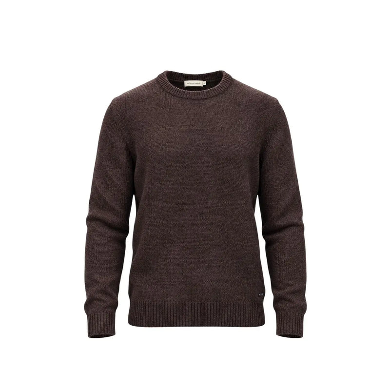 Gianni Lupo Herren-Girocollo-Pullover aus dunkelbraunem, fein gestricktem Material mit gerippten Bündchen und Saum, Vorderansicht