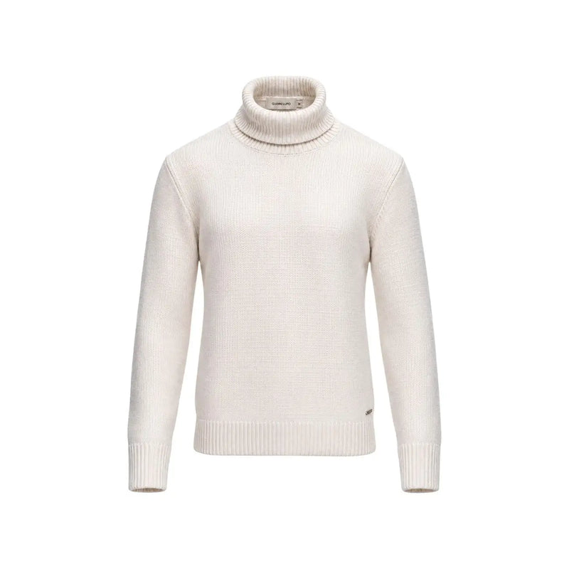 Gianni Lupo Pull à col roulé pour homme couleur crème, en maille côtelée, avec étiquette de marque au col, vue de face