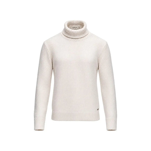 Gianni Lupo Rollkragenpullover für Herren in Creme mit Rippstrickstruktur und Markenetikett am Kragen, Vorderansicht