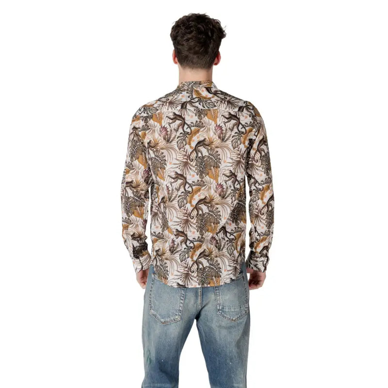 Gianni Lupo white floral mandarin collar men’s long-sleeved button-up shirt with tropical jungle pattern in earthy tones