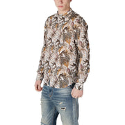 Gianni Lupo white floral mandarin collar long-sleeved shirt with tropical monkey and leaf pattern on cream background