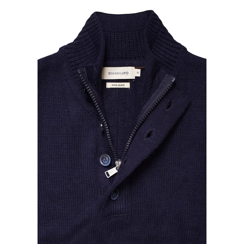 Gianni Lupo Pull en laine pour homme, bleu marine foncé, col côtelé, boutons décoratifs et fermeture éclair sur le devant, vue de face