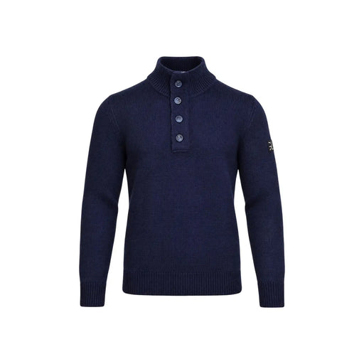 Gianni Lupo Herren-Wollpullover mit halbem Reißverschluss in marineblauem Rippstrick mit vier Knöpfen, Vorderansicht