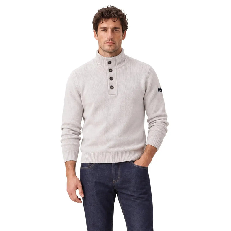 Gianni Lupo Pull en laine pour homme gris clair, maille côtelée et col zippé à mi-hauteur, vue de face