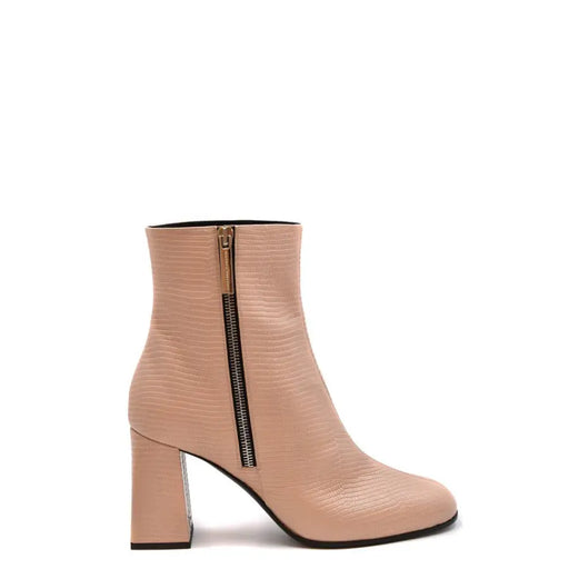 Beigefarbene Stiefeletten von Giuseppe Zanotti aus Krokodilleder mit Blockabsatz und goldfarbenem Reißverschlussdetail