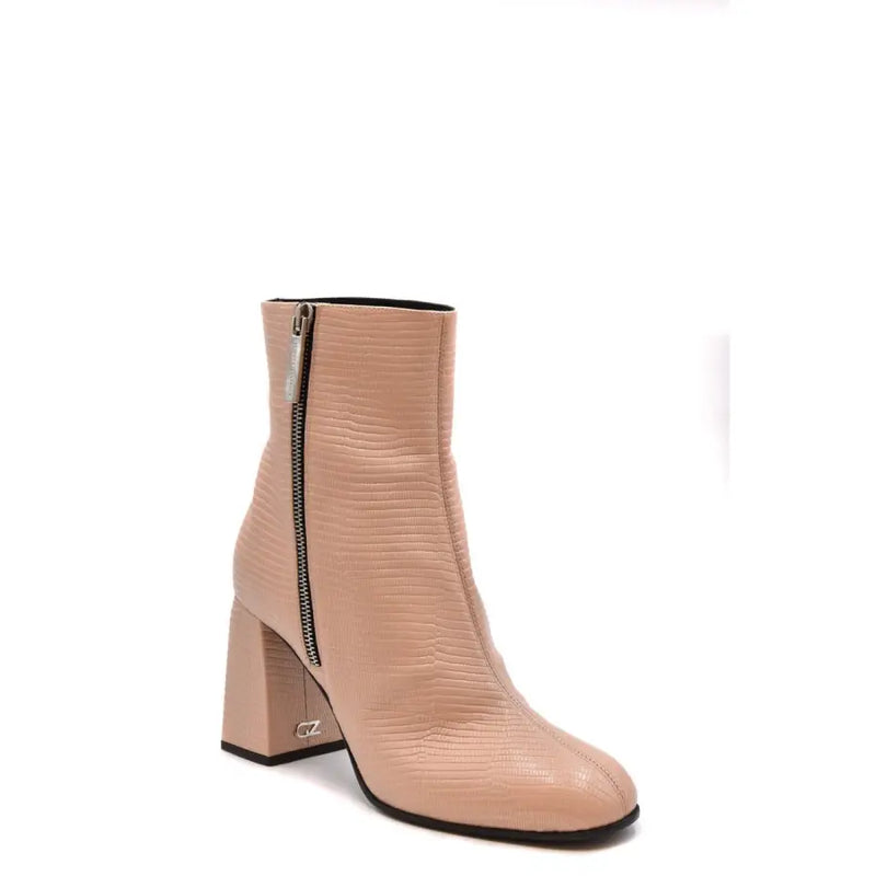 Beigefarbene Leder-Ankle-Boots von Giuseppe Zanotti mit Eidechsenprägung, klobigem Blockabsatz und silbernem Reißverschluss