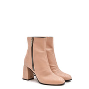 Giuseppe Zanotti beige crocodile-embossed leather ankle boots with chunky block heel and black zipper closure