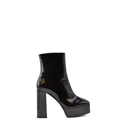 Giuseppe Zanotti black patent leather platform ankle boots with chunky heel and gold logo