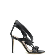 Giuseppe Zanotti black leather stiletto sandals with slender heel and crisscross ankle straps with zip closure