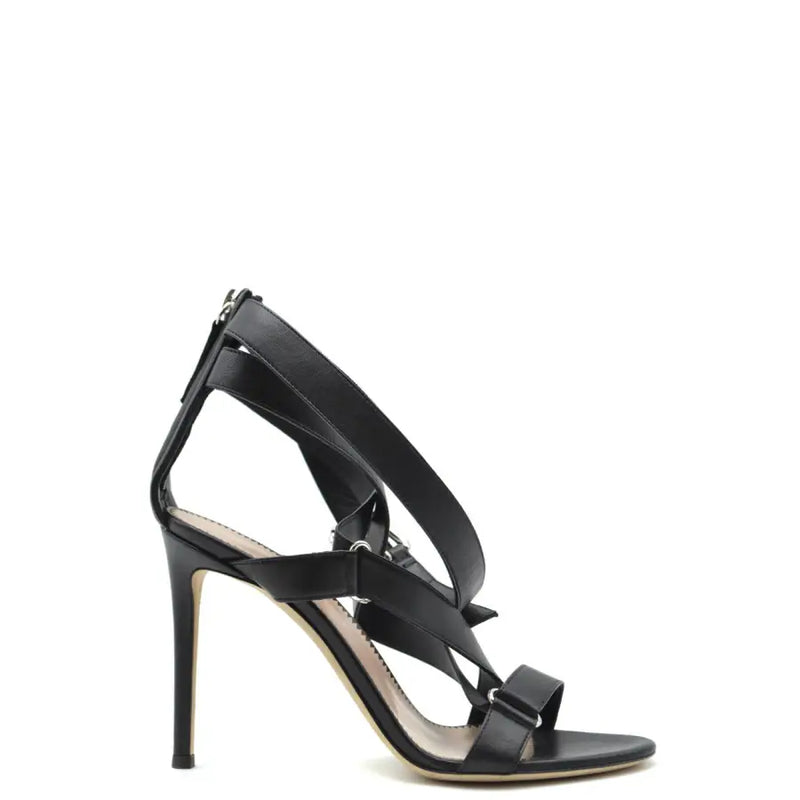 Giuseppe Zanotti black leather stiletto sandals with slender heel and crisscross ankle straps with zip closure