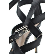 Giuseppe Zanotti black leather stiletto sandals with silver buckle and hardware featuring zip detail