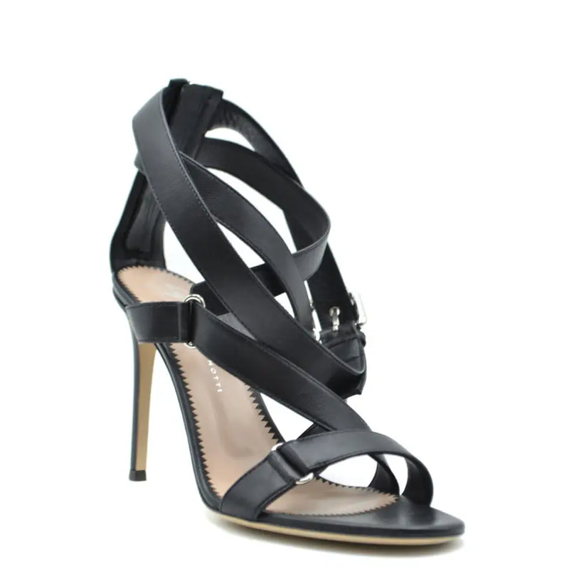 Giuseppe Zanotti black leather stiletto sandals with slender straps, silver-toned buckles, and zip closure