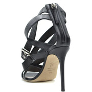 Giuseppe Zanotti black leather stiletto sandals with silver zipper and buckle detail strappy high-heeled design