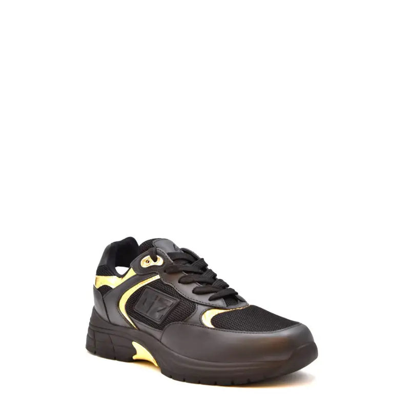 Black and gold athletic shoe with mesh upper, rubber sole, lace-up closure.