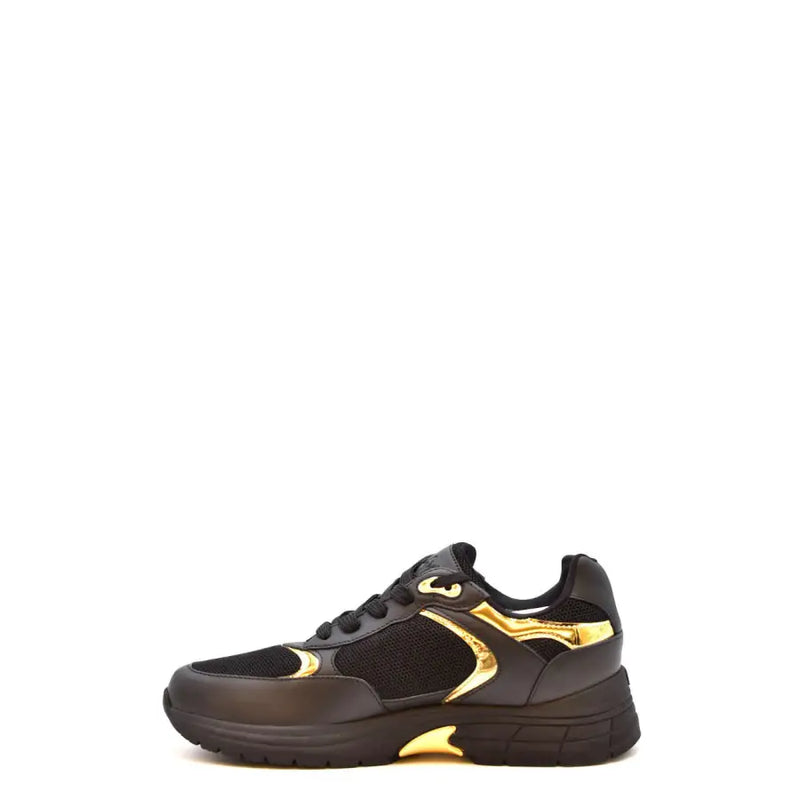Black and gold sneaker with mesh accents, leather details, and a chunky sole.