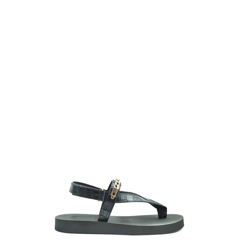 Schwarze Ledersandalen von Giuseppe Zanotti für Herren mit Zehenstegdesign in Krokodiloptik und goldfarbener Logoschnalle.