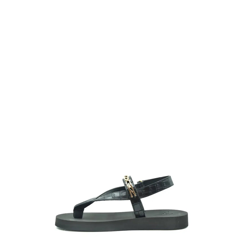 Schwarze Herren-Ledersandalen von Giuseppe Zanotti mit schwarzem Zehensteg in Krokodiloptik und goldfarbener Logoschnalle