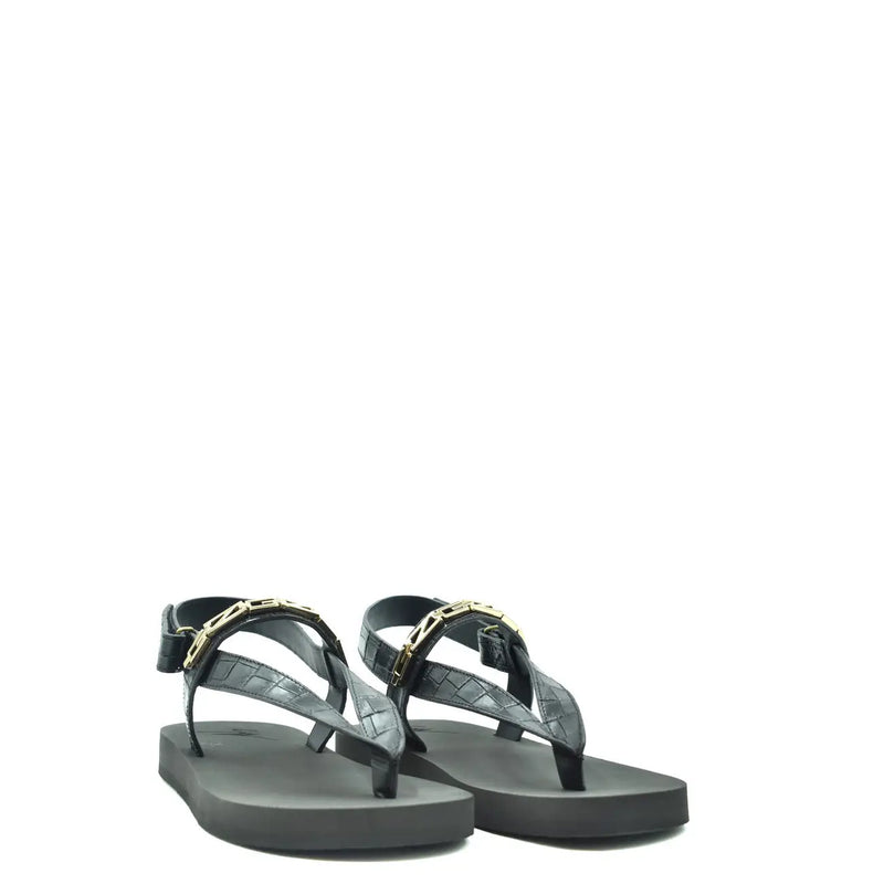 Schwarze Zehentrenner-Sandalen aus Leder mit Krokodilprägung und goldfarbenen Metallelementen von Giuseppe Zanotti (Herren, schwarz)