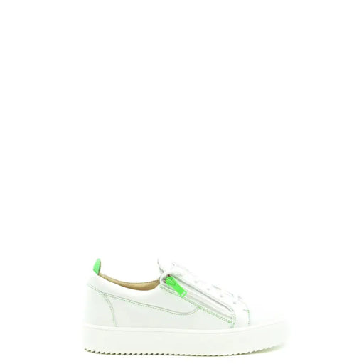 Weißer Leder-Sneaker zum Hineinschlüpfen mit neongrünem Reißverschluss und Fersenlasche von Giuseppe Zanotti, Herren-Leder-Sneaker mit Reißverschluss V25114