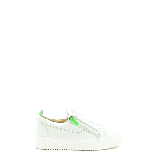 White leather slip-on sneaker with neon green zipper and heel tab by Giuseppe Zanotti men leather zip sneakers V25114