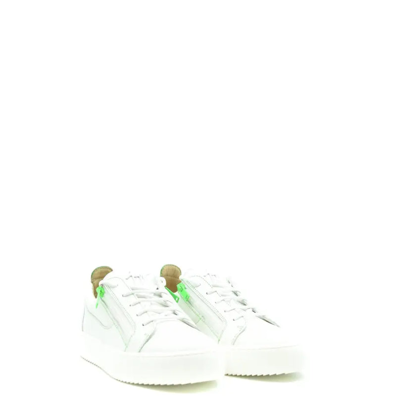Giuseppe Zanotti men leather zip sneakers in white with neon green zipper accents on the side