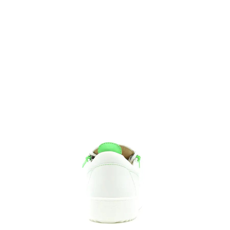 White leather Giuseppe Zanotti men leather zip sneakers with neon green accents on heel tab and laces